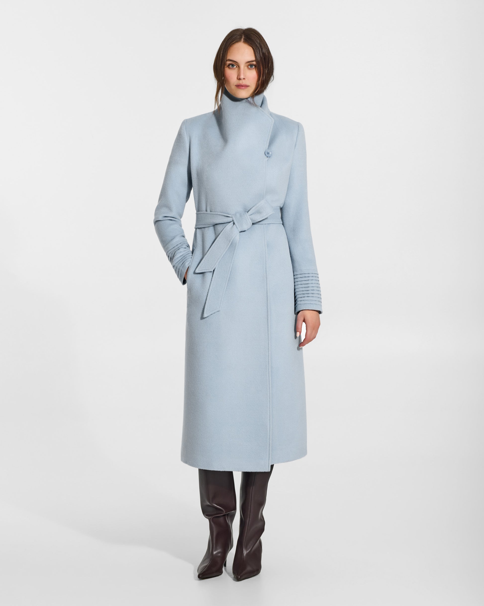 SENTALER Long Funnel Collar Wrap Coat in Glacial Blue, Baby Alpaca. Worn by a female model, front view, belted.