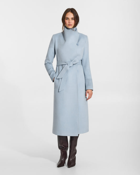 SENTALER Long Funnel Collar Wrap Coat in Glacial Blue, Baby Alpaca. Worn by a female model, front view, belted.