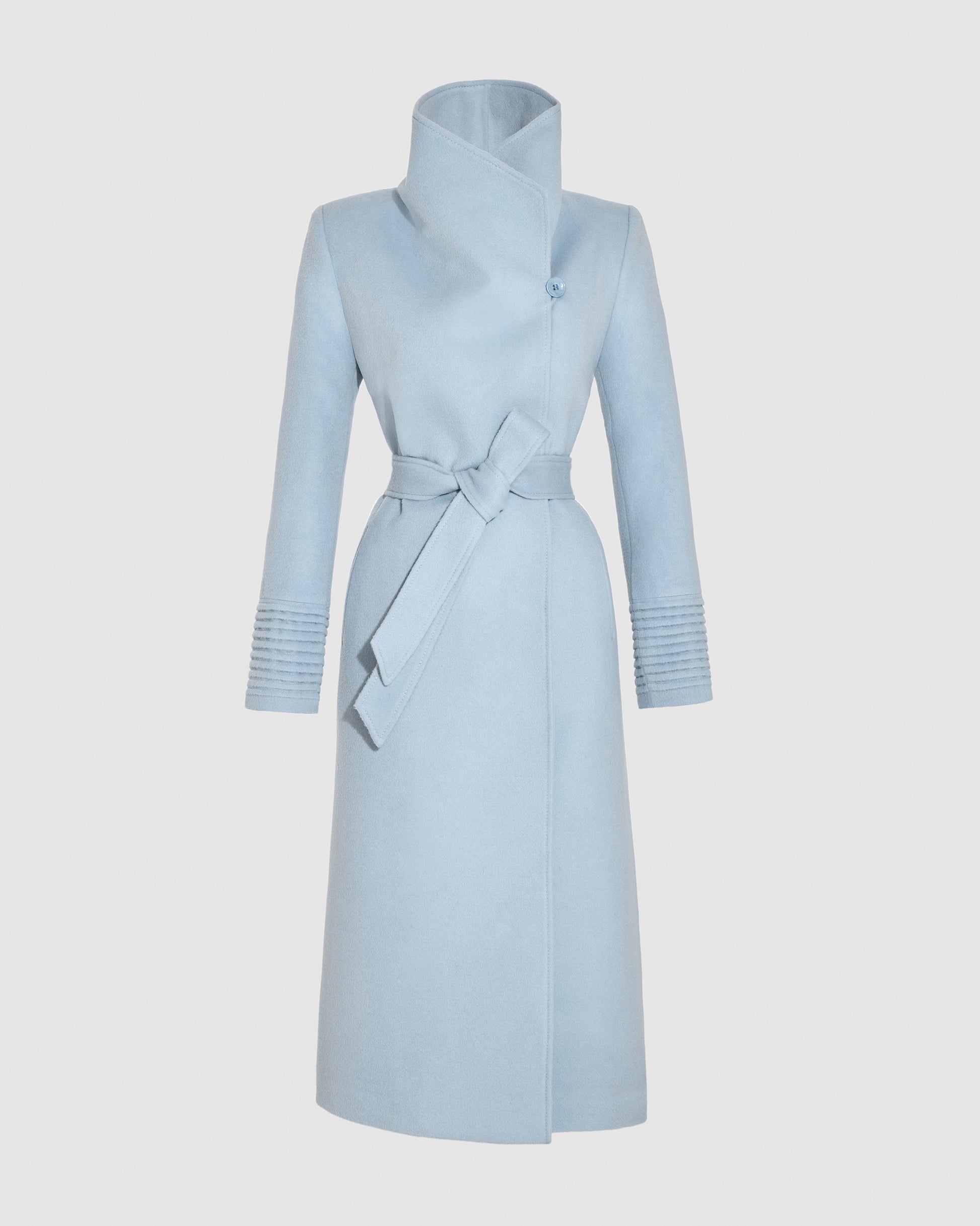 SENTALER Long Funnel Collar Wrap Coat in Glacial Blue, Baby Alpaca. Off-figure, belted.