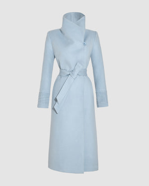 SENTALER Long Funnel Collar Wrap Coat in Glacial Blue, Baby Alpaca. Off-figure, belted.