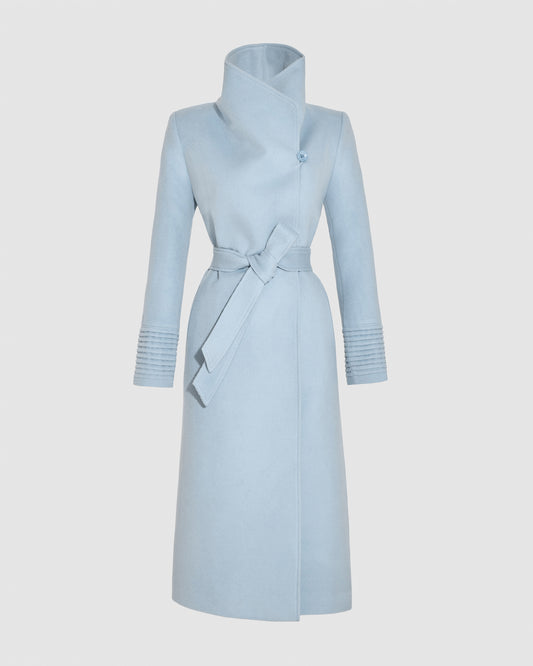 SENTALER Long Funnel Collar Wrap Coat in Glacial Blue, Baby Alpaca. Off-figure, belted.
