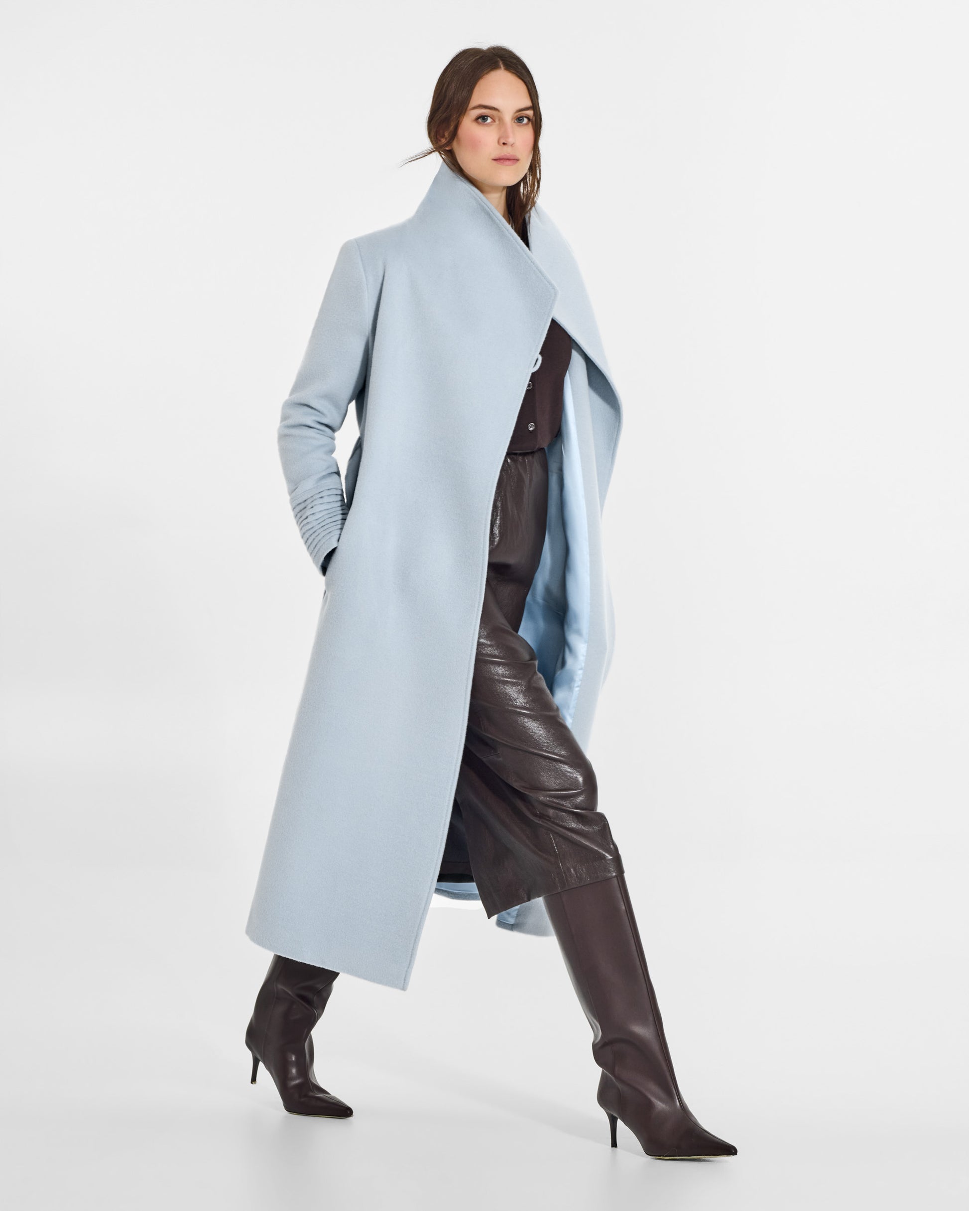 SENTALER Long Funnel Collar Wrap Coat in Glacial Blue, Baby Alpaca. Worn by a female model, side view, open.