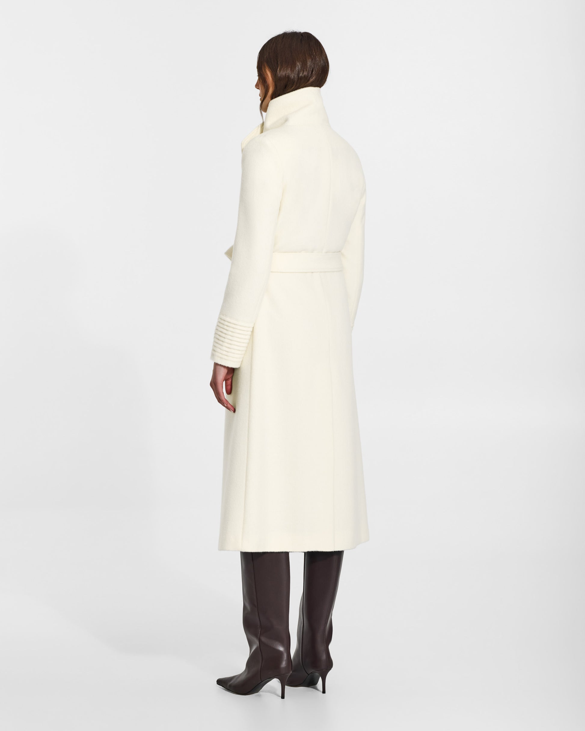 SENTALER Long Funnel Collar Wrap Coat in Ivory, Baby Alpaca. Worn by a female model, back view, belted.