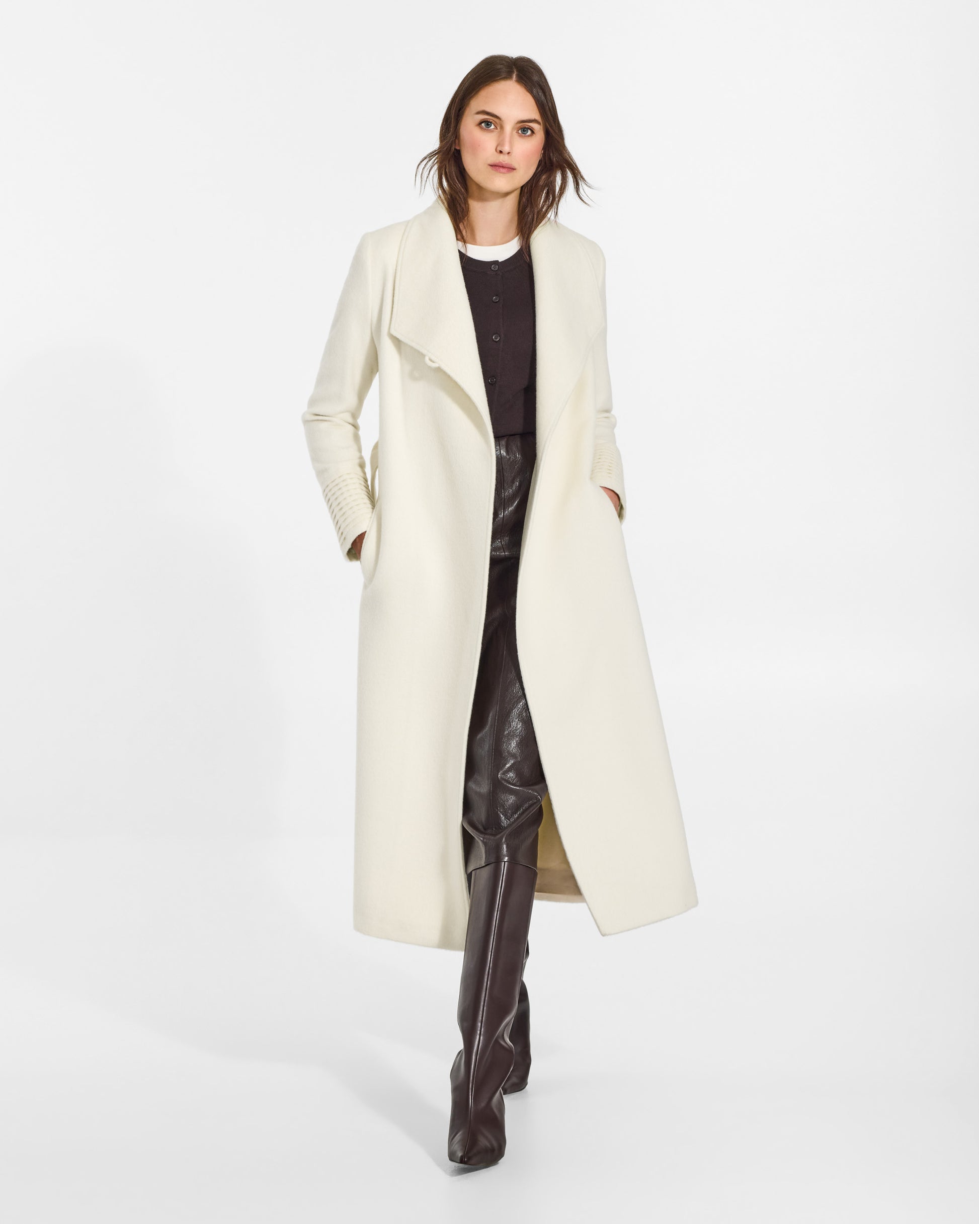 SENTALER Long Funnel Collar Wrap Coat in Ivory, Baby Alpaca. Worn by a female model, front view, open.