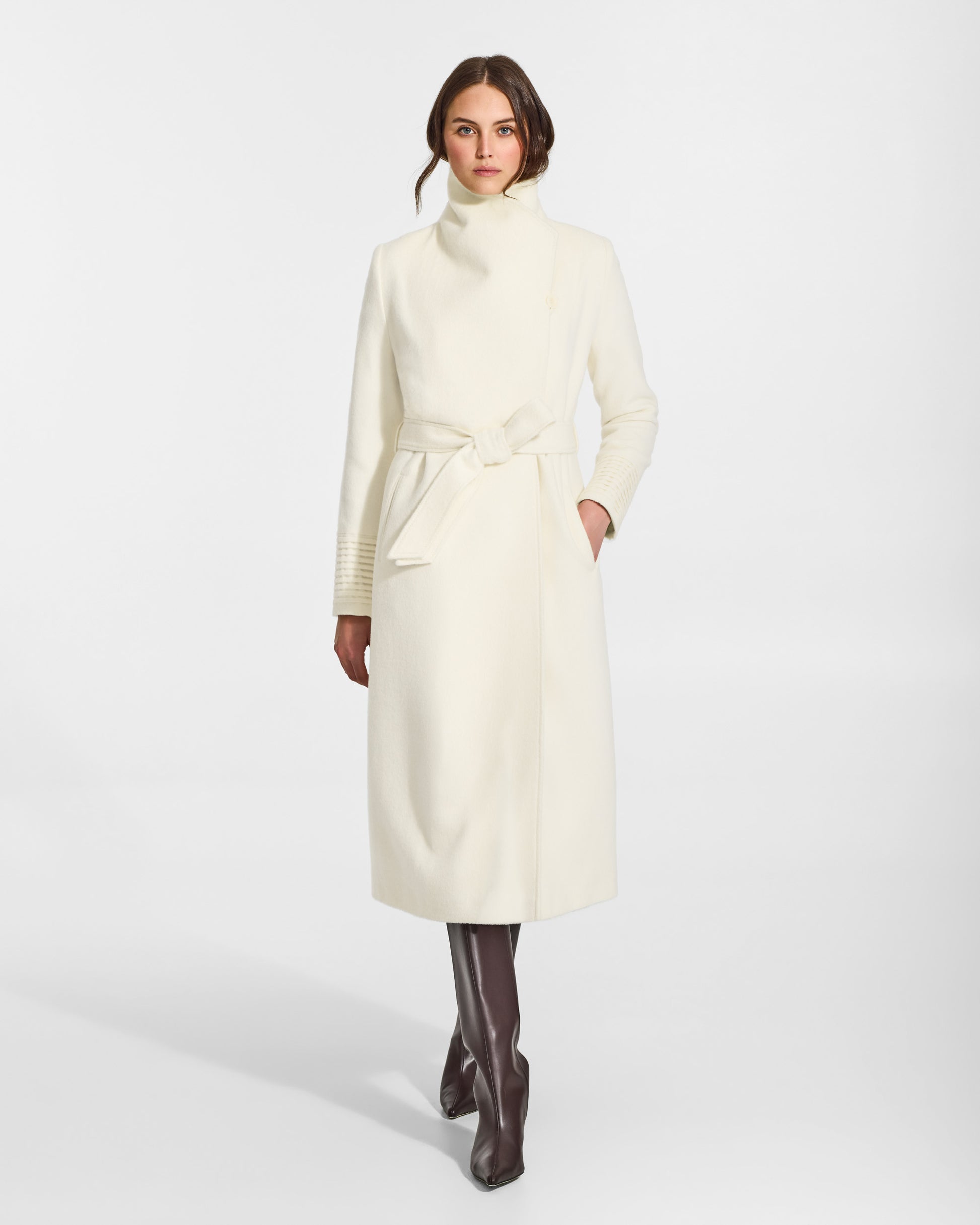 SENTALER Long Funnel Collar Wrap Coat in Ivory, Baby Alpaca. Worn by a female model, front view, belted.