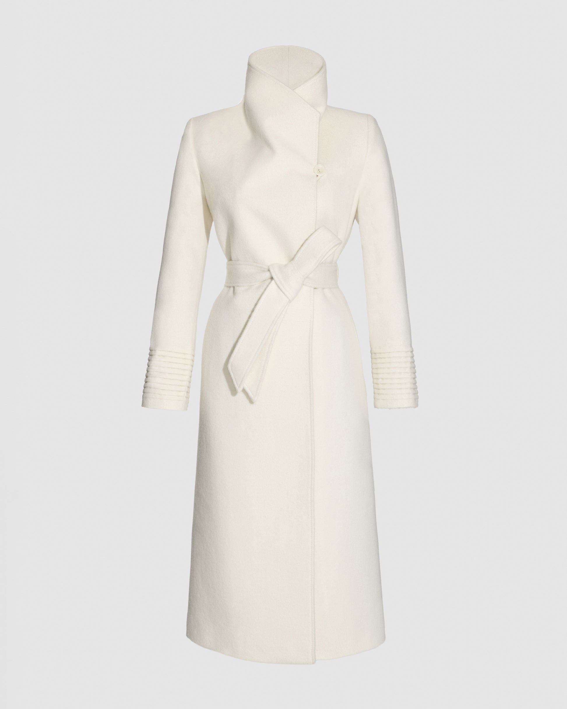 SENTALER Long Funnel Collar Wrap Coat in Ivory, Baby Alpaca. Off-figure, belted.