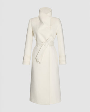 SENTALER Long Funnel Collar Wrap Coat in Ivory, Baby Alpaca. Off-figure, belted.