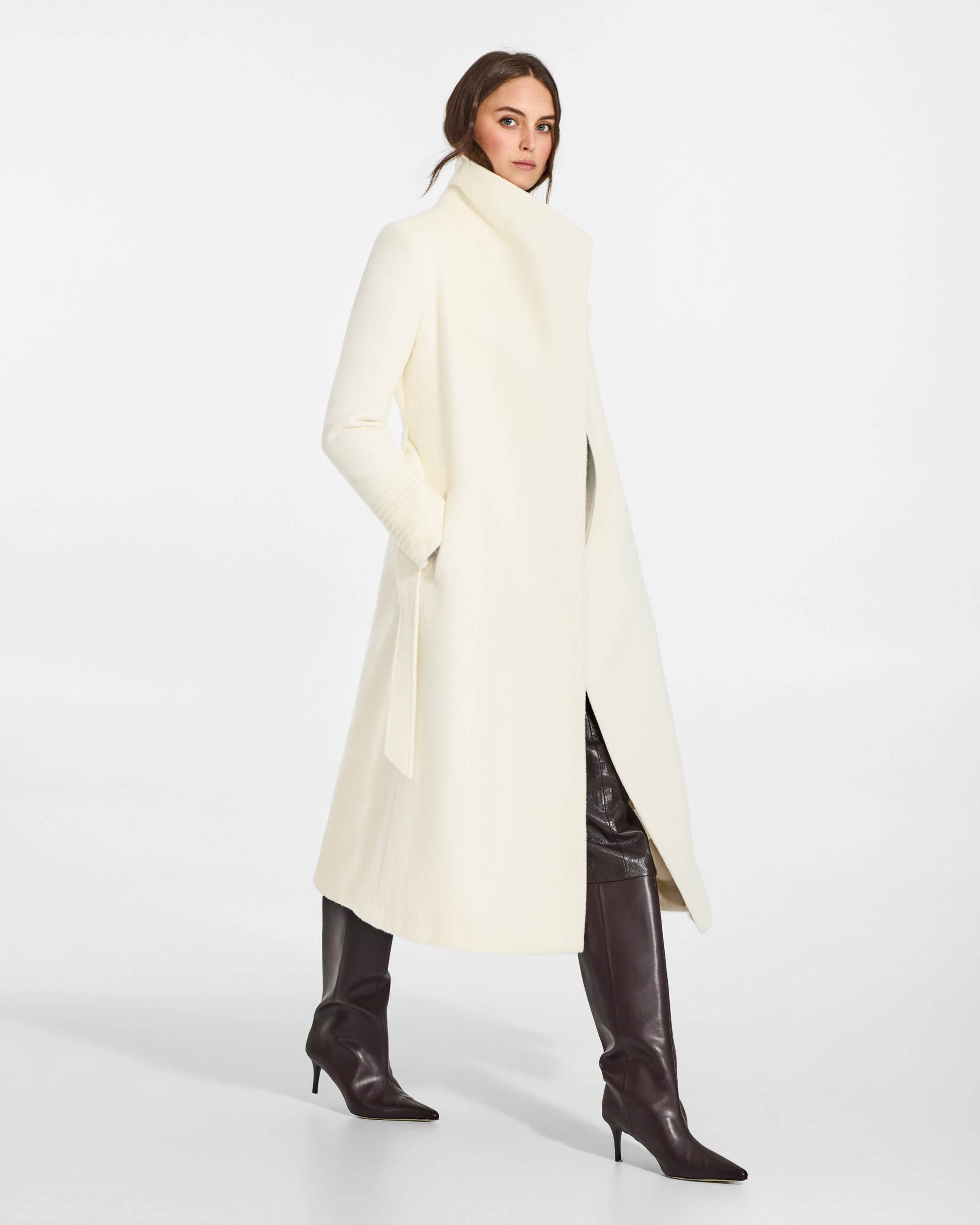 SENTALER Long Funnel Collar Wrap Coat in Ivory, Baby Alpaca. Worn by a female model, side view, open.