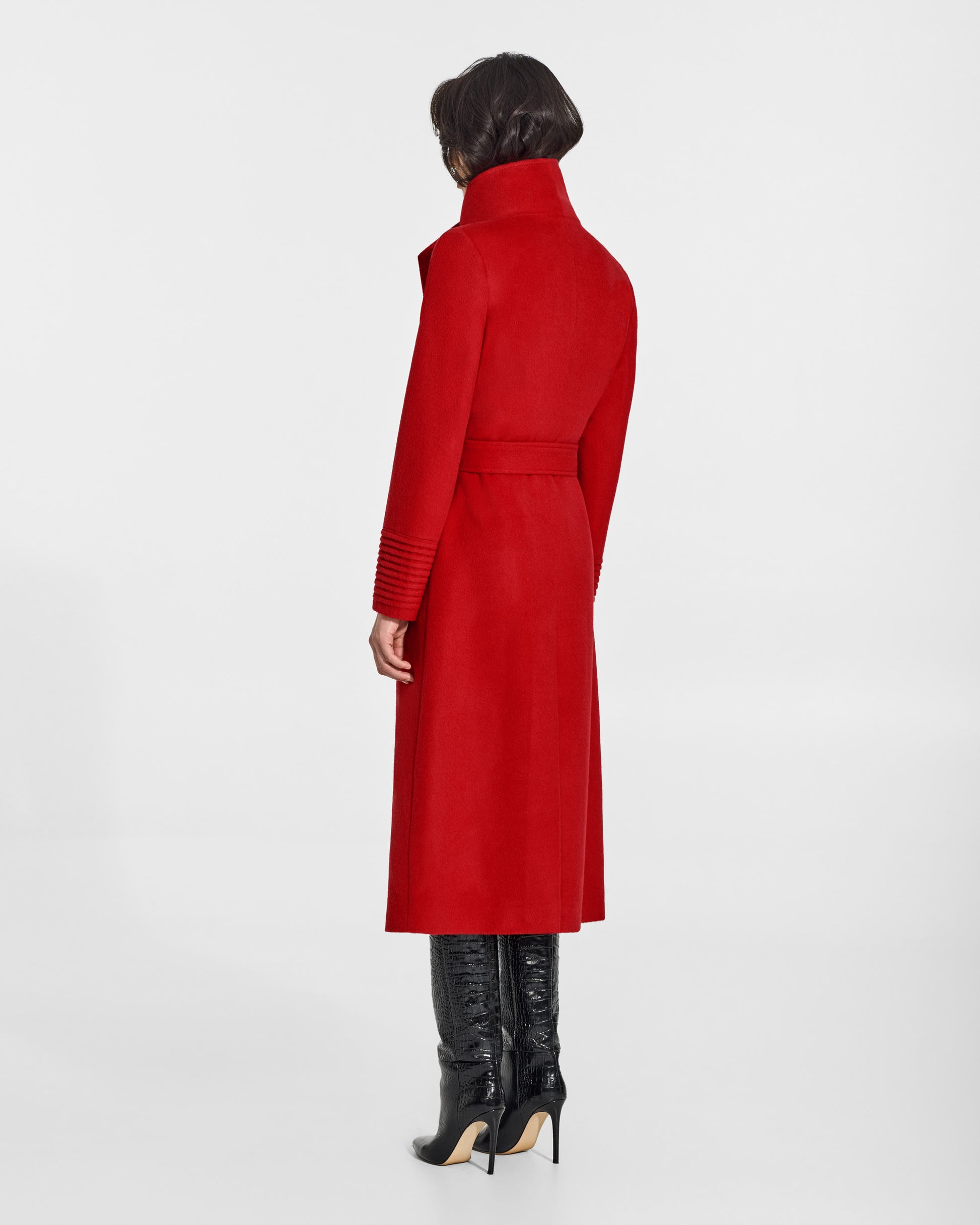 SENTALER Long Funnel Collar Wrap Coat in Scarlet Red, Baby Alpaca. Worn by a female model, back view, belted.