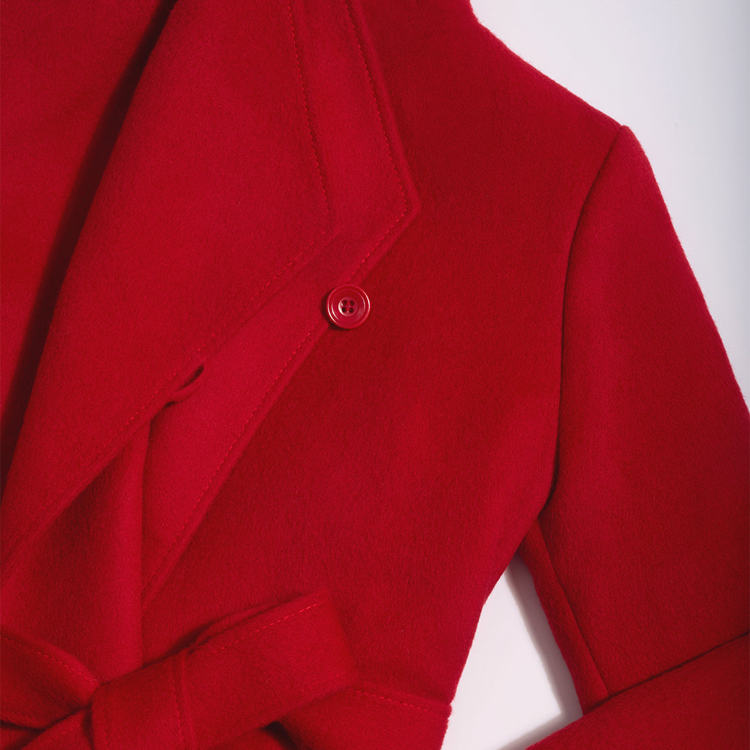 SENTALER Baby Alpaca fabric in Scarlet Red. Close-up flat lay, Long Funnel Collar Wrap Coat swatch.