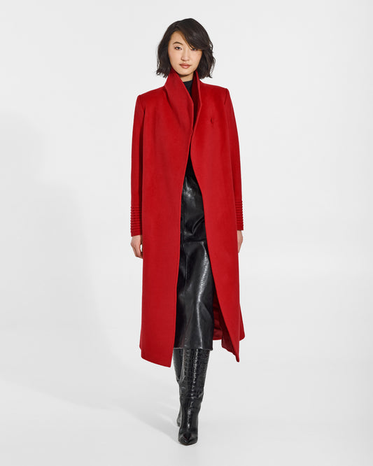SENTALER Long Funnel Collar Wrap Coat in Scarlet Red, Baby Alpaca. Worn by a female model, front view, open.