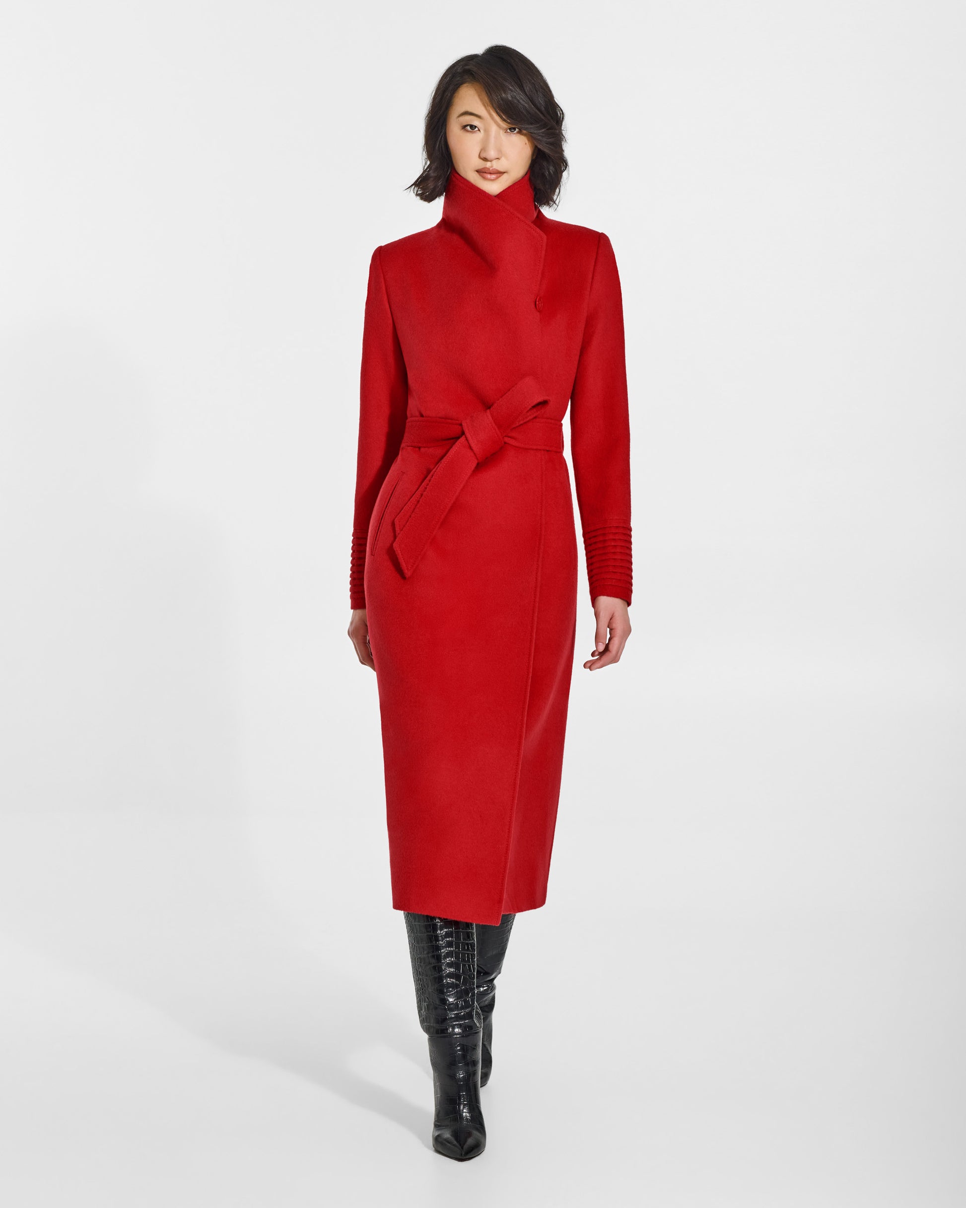 SENTALER Long Funnel Collar Wrap Coat in Scarlet Red, Baby Alpaca. Worn by a female model, front view, belted.