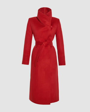 SENTALER Long Funnel Collar Wrap Coat in Scarlet Red, Baby Alpaca. Off-figure, belted.