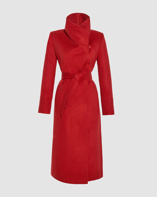 SENTALER Long Funnel Collar Wrap Coat in Scarlet Red, Baby Alpaca. Off-figure, belted.