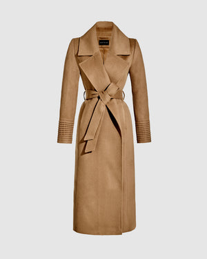 SENTALER Long Large Notched Collar Wrap Coat in Dark Camel, Baby Alpaca — off-figure, worn belted.