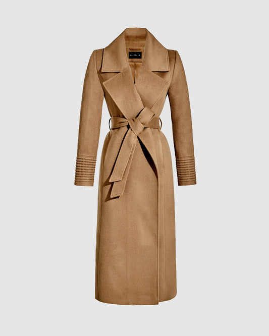 SENTALER Long Large Notched Collar Wrap Coat in Dark Camel, Baby Alpaca — off-figure, worn belted.