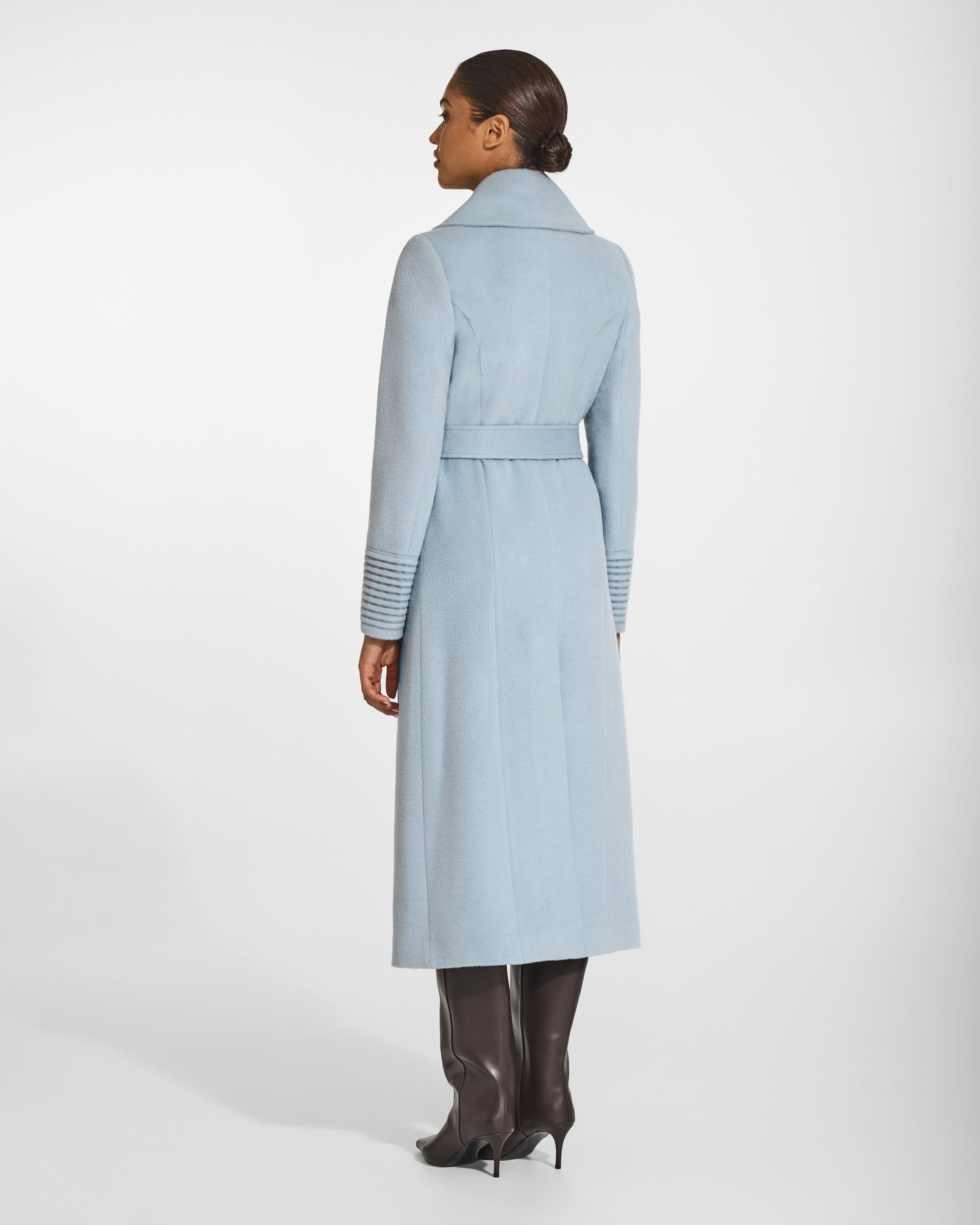 SENTALER Long Large Notched Collar Wrap Coat in Glacial Blue, Baby Alpaca. Worn by a female model, back view, belted.