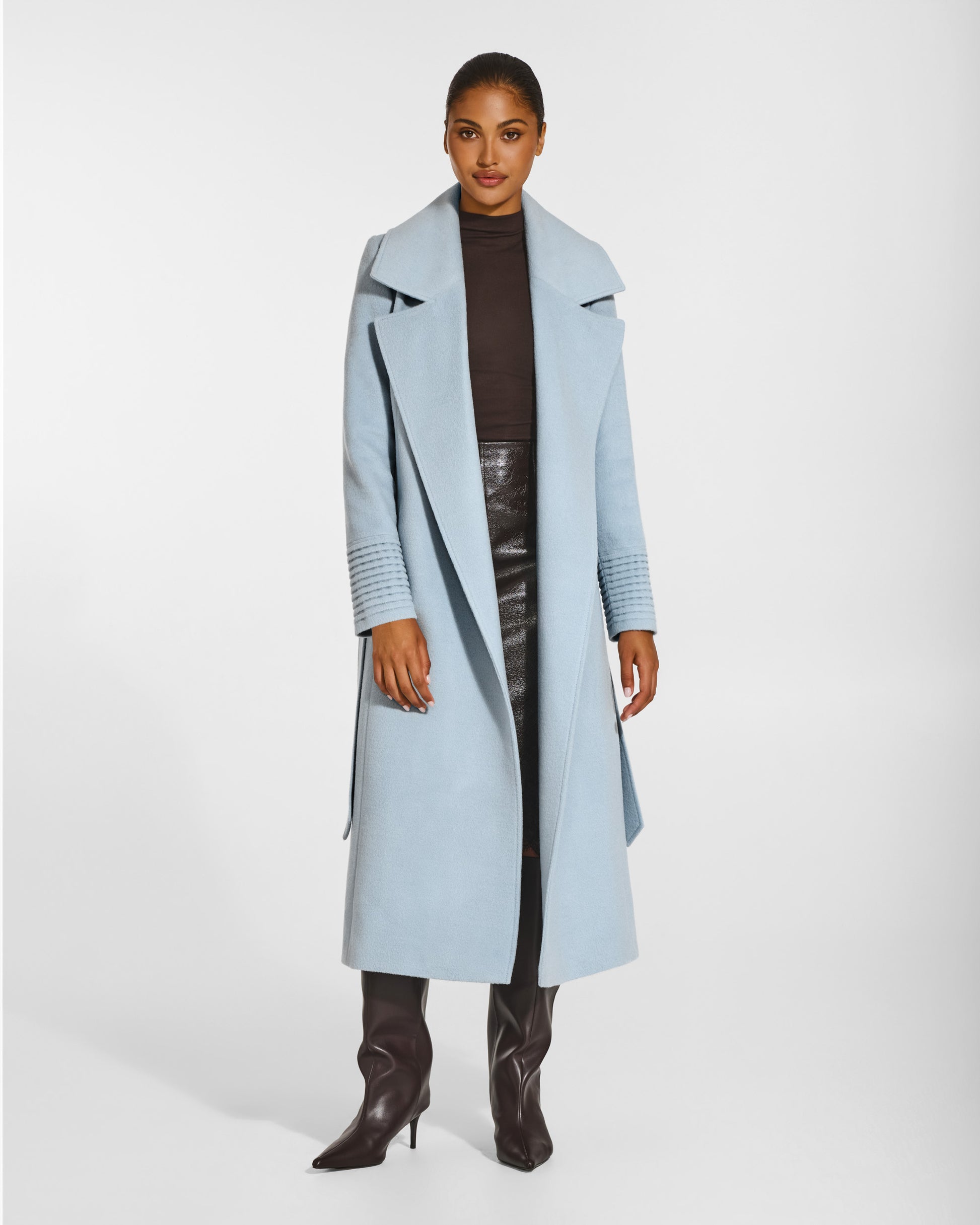 SENTALER Long Large Notched Collar Wrap Coat in Glacial Blue, Baby Alpaca. Worn by a female model, front view, open.