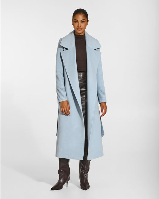 SENTALER Long Large Notched Collar Wrap Coat in Glacial Blue, Baby Alpaca. Worn by a female model, front view, open.