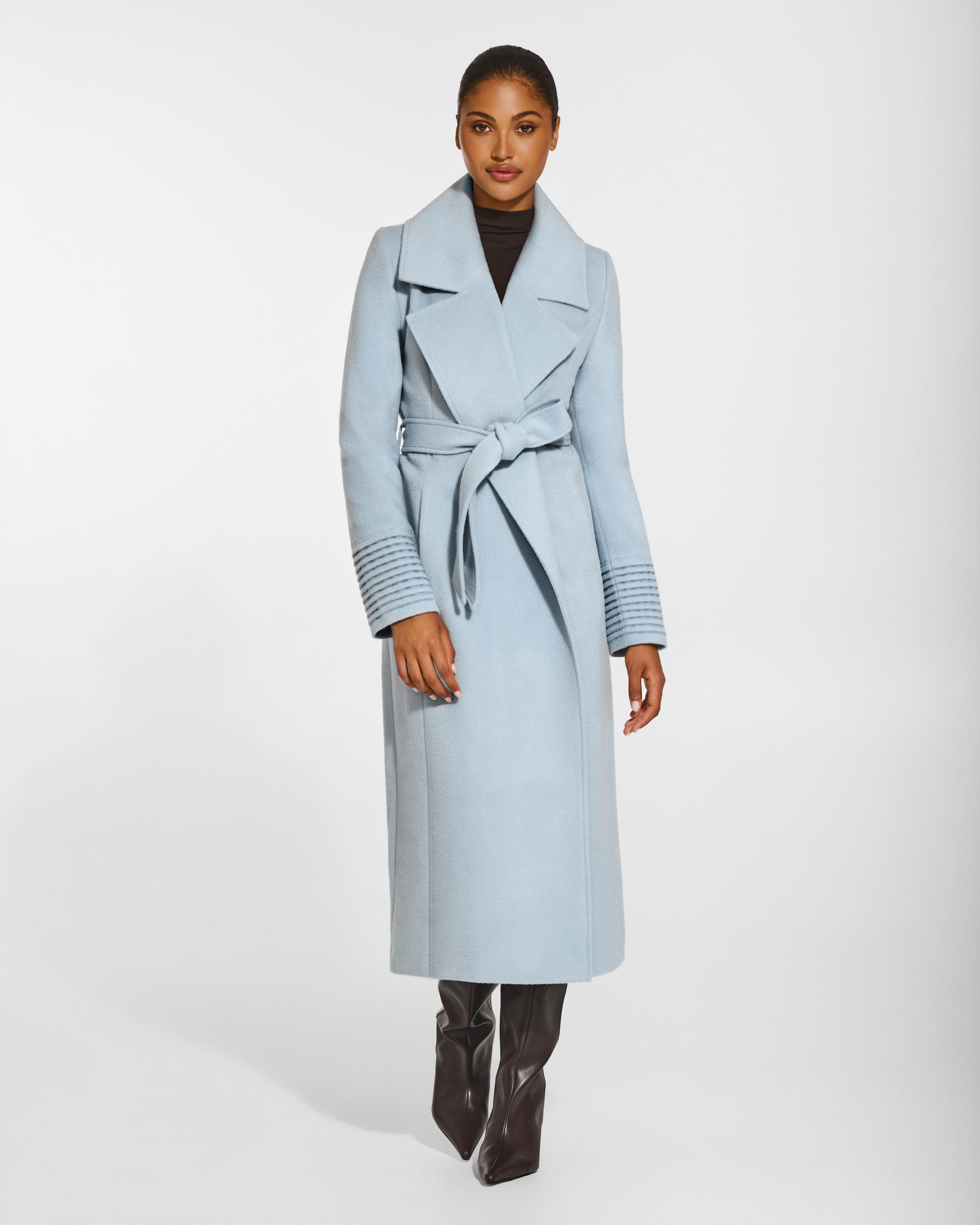 SENTALER Long Large Notched Collar Wrap Coat in Glacial Blue, Baby Alpaca. Worn by a female model, front view, belted.