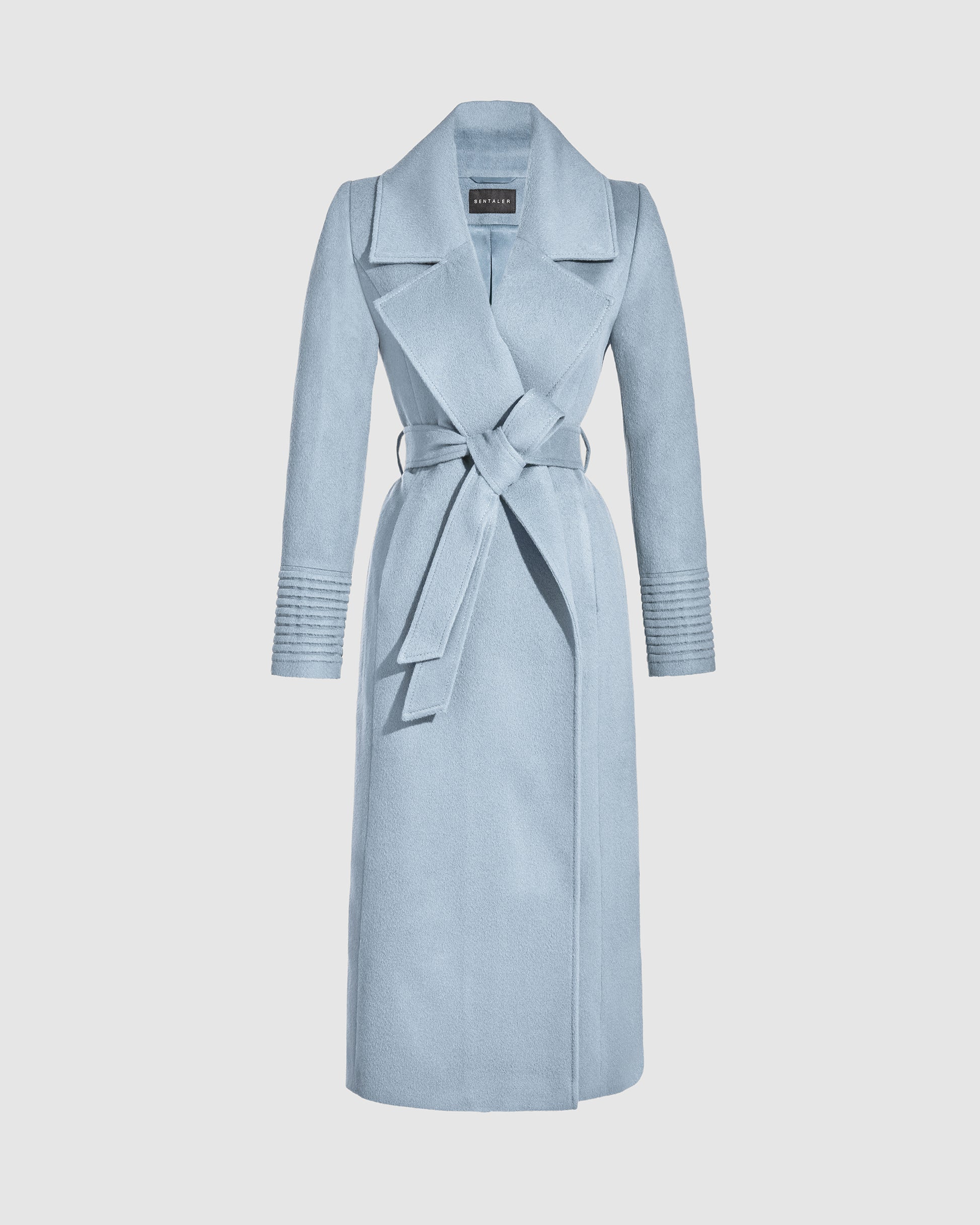 SENTALER Long Large Notched Collar Wrap Coat in Glacial Blue, Baby Alpaca. Off-figure, belted.