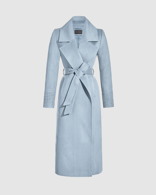 SENTALER Long Large Notched Collar Wrap Coat in Glacial Blue, Baby Alpaca. Off-figure, belted.