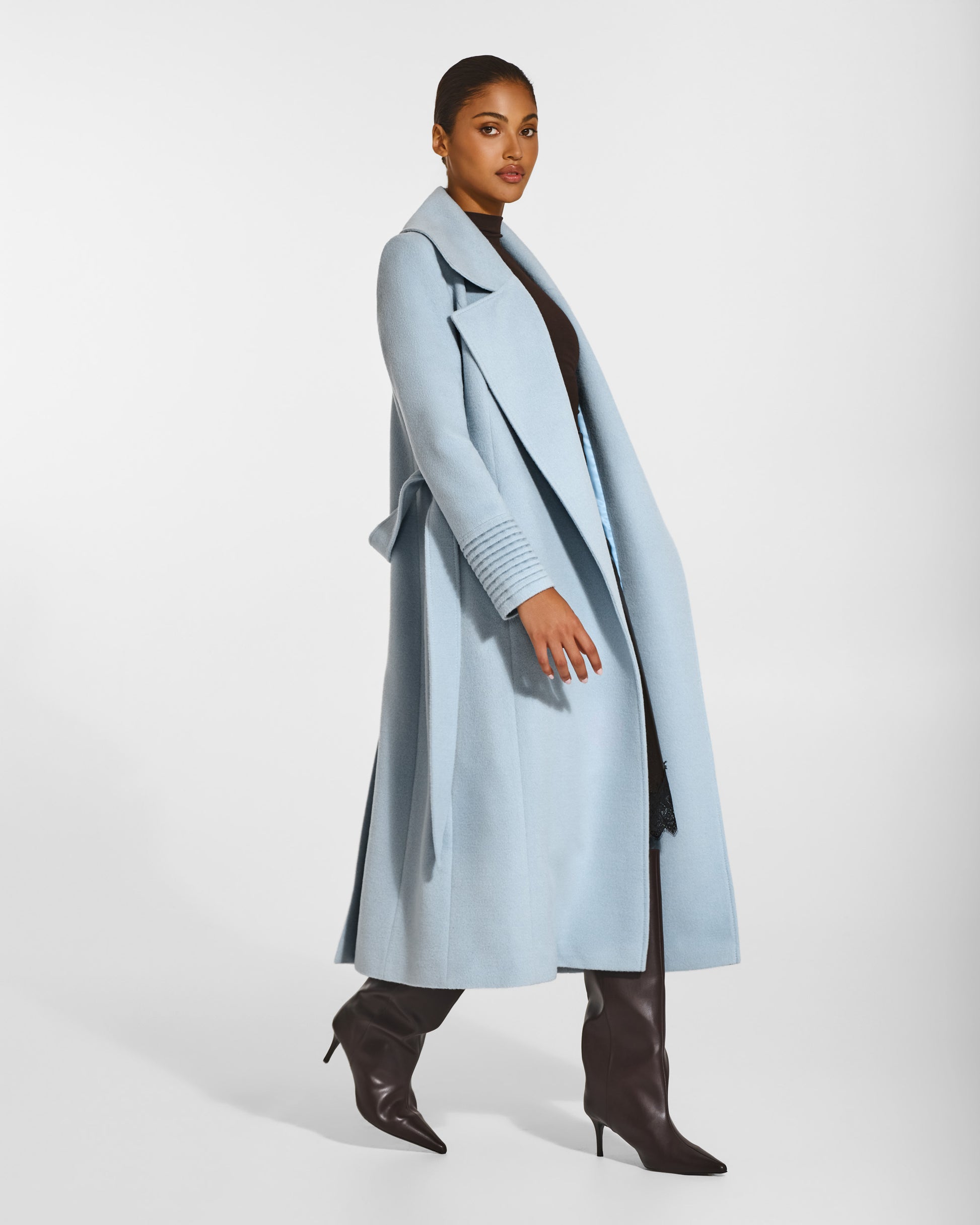 SENTALER Long Large Notched Collar Wrap Coat in Glacial Blue, Baby Alpaca. Worn by a female model, side view, open.