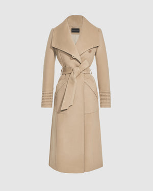 SENTALER Long Wide Collar Wrap Coat in Camel, Baby Alpaca — worn by a female model, front view, belted.