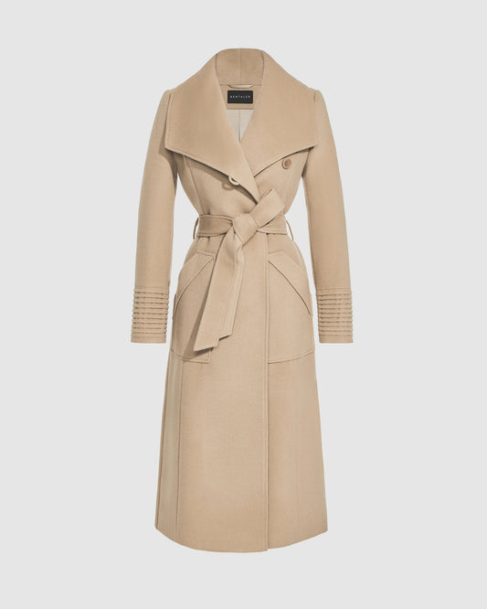SENTALER Long Wide Collar Wrap Coat in Camel, Baby Alpaca — worn by a female model, front view, belted.