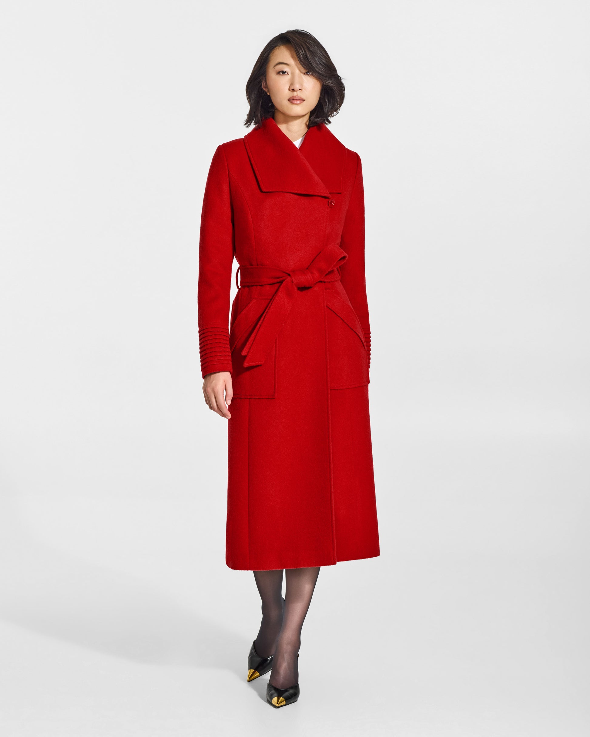 SENTALER Long Wide Collar Wrap Coat in Scarlet Red, Baby Alpaca. Worn by a female model, front view, belted.