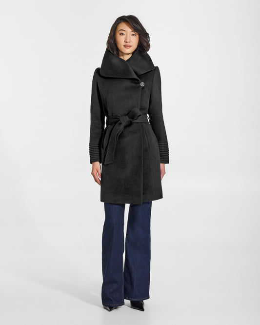 SENTALER Mid Length Hooded Wrap Coat in Black, Baby Alpaca. Worn by a female model, front view, belted.