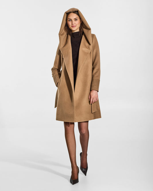 SENTALER Mid Length Hooded Wrap Coat in Dark Camel, Baby Alpaca. Worn by a female model, front view, open with hood.