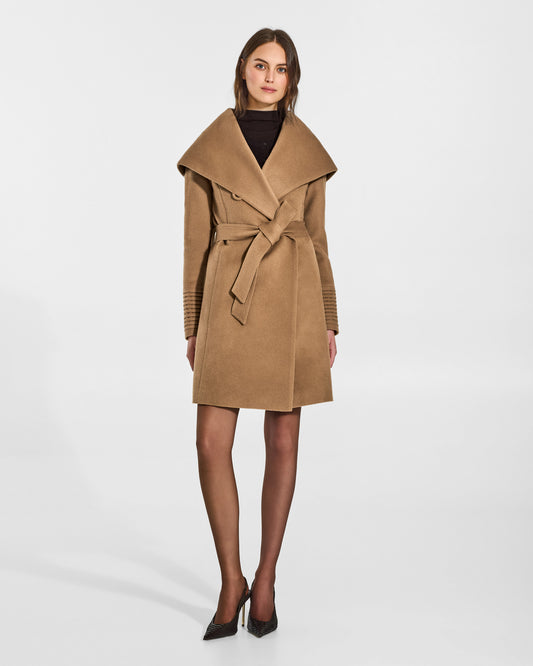 SENTALER Mid Length Hooded Wrap Coat in Dark Camel, Baby Alpaca. Worn by a female model, front view, belted.