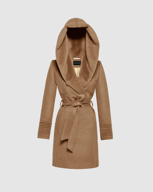 SENTALER Mid Length Hooded Wrap Coat in Dark Camel, Baby Alpaca. Off-figure, belted.