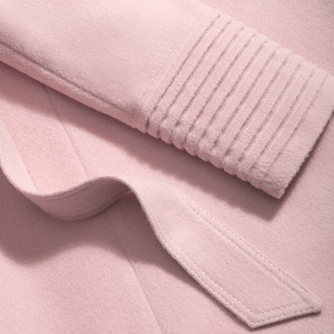 SENTALER Mid Length Hooded Wrap Coat in Pink Frost, Baby Alpaca. Flat lay, close-up garment, belted.