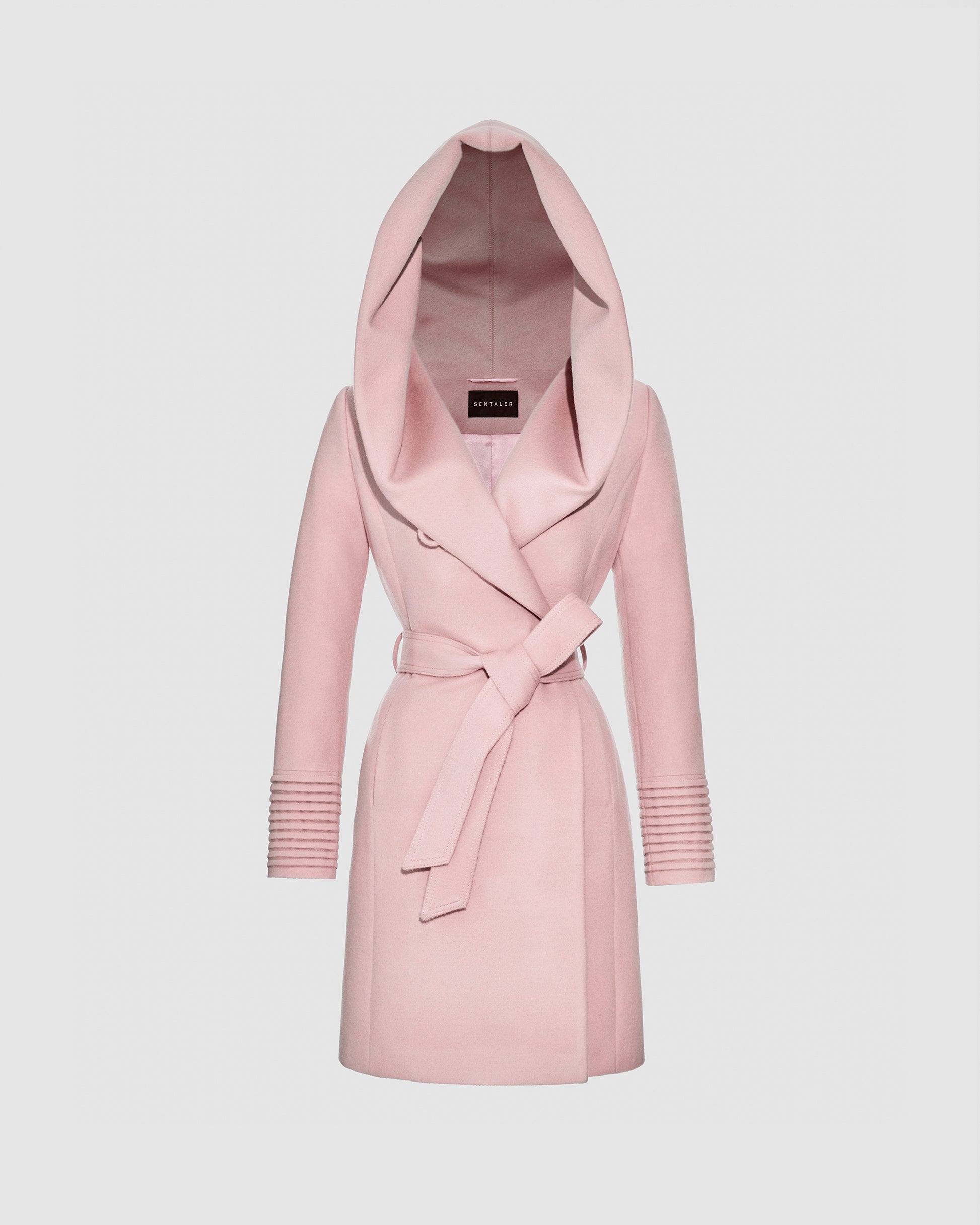 SENTALER Mid Length Hooded Wrap Coat in Pink Frost, Baby Alpaca. Off-figure, belted.