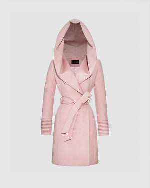 SENTALER Mid Length Hooded Wrap Coat in Pink Frost, Baby Alpaca. Off-figure, belted.