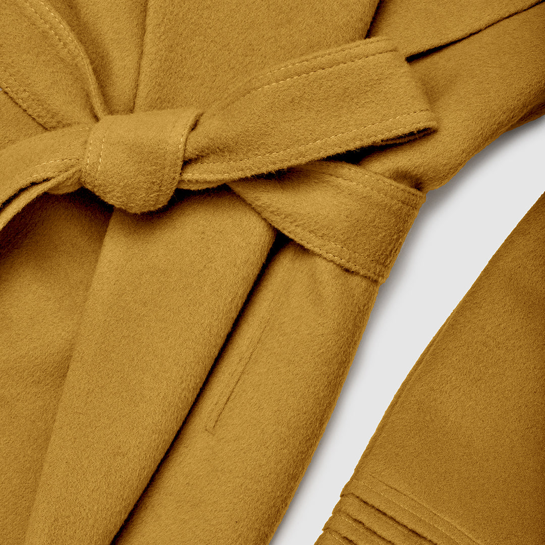 SENTALER Mid Length Shawl Collar Wrap Coat in Amber Haze, Baby Alpaca. Flat lay, close-up garment, belted.