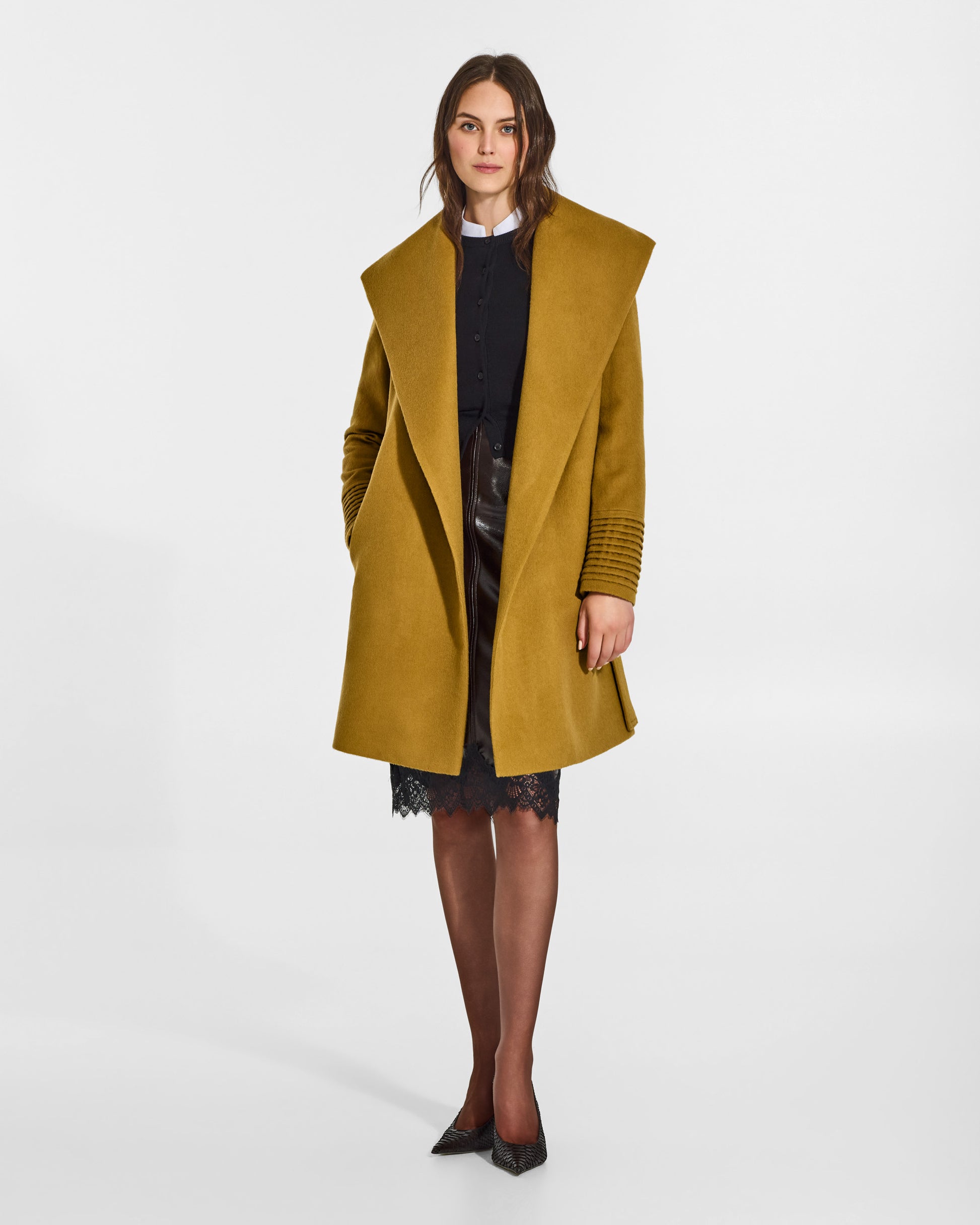 SENTALER Mid Length Shawl Collar Wrap Coat in Amber Haze, Baby Alpaca. Worn by a female model, front view, open.