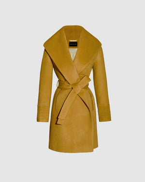SENTALER Mid Length Shawl Collar Wrap Coat in Amber Haze, Baby Alpaca. Off-figure, belted.