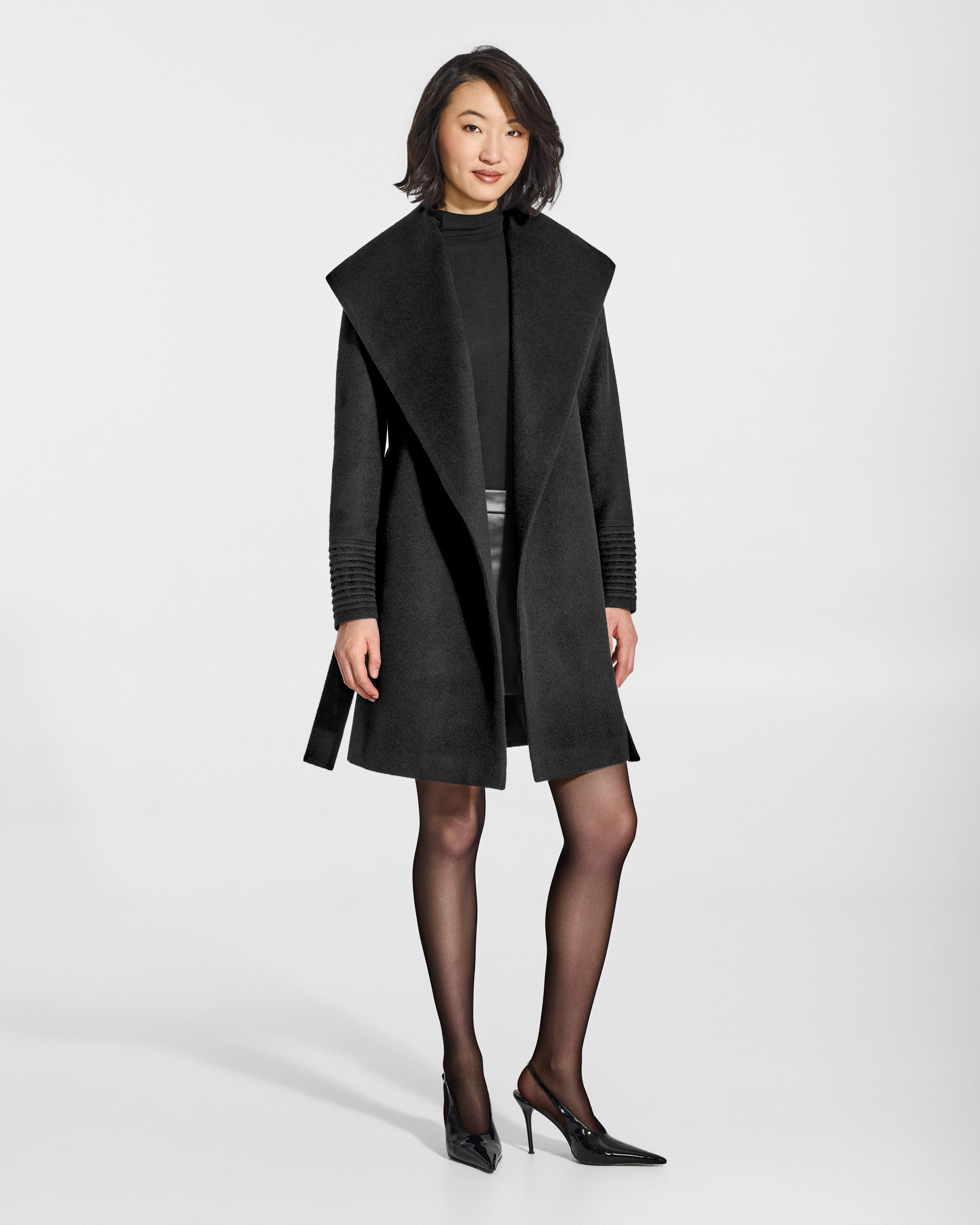 Baby Alpaca Mid Length Shawl Collar Wrap Coat - Black – SENTALER