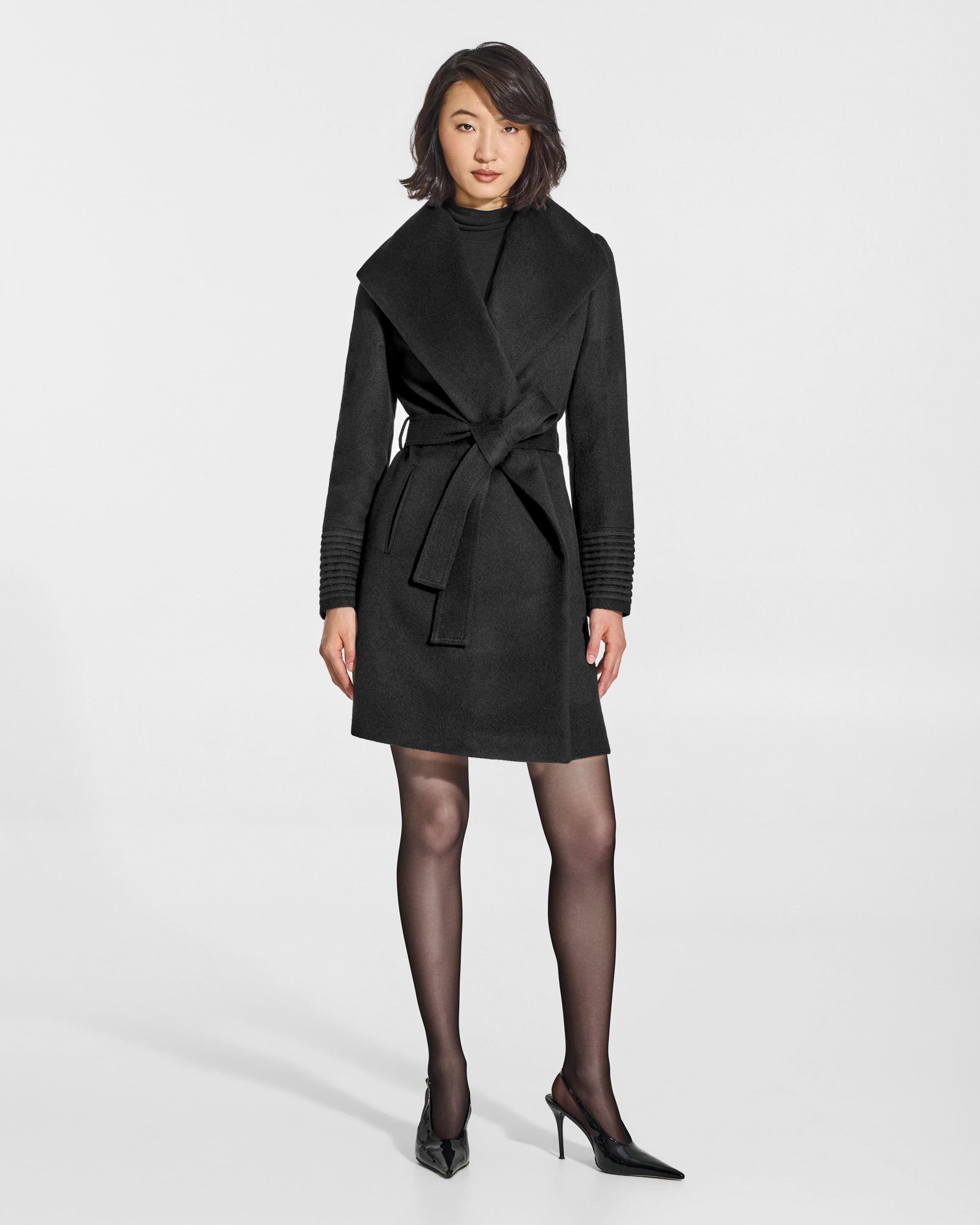 Mid Length Shawl Collar Wrap Coat - Black – SENTALER