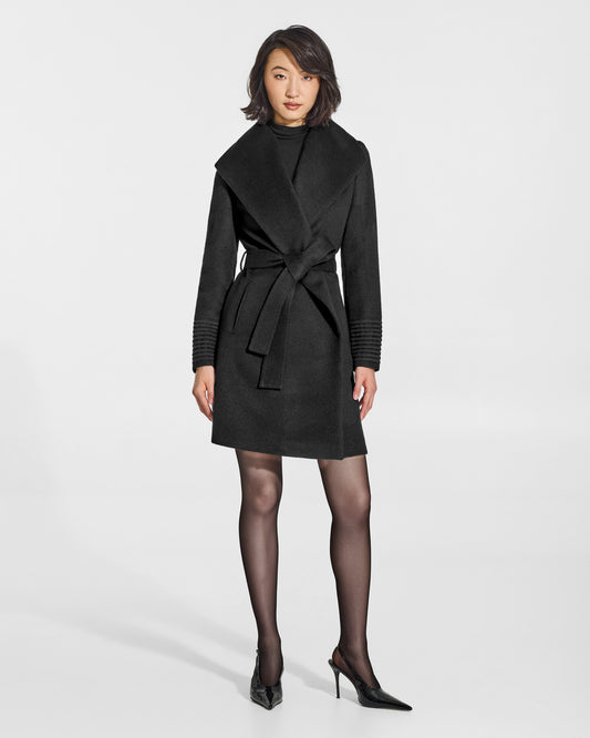 SENTALER Mid Length Shawl Collar Wrap Coat in Black, Baby Alpaca. Worn by a female model, front view, belted.