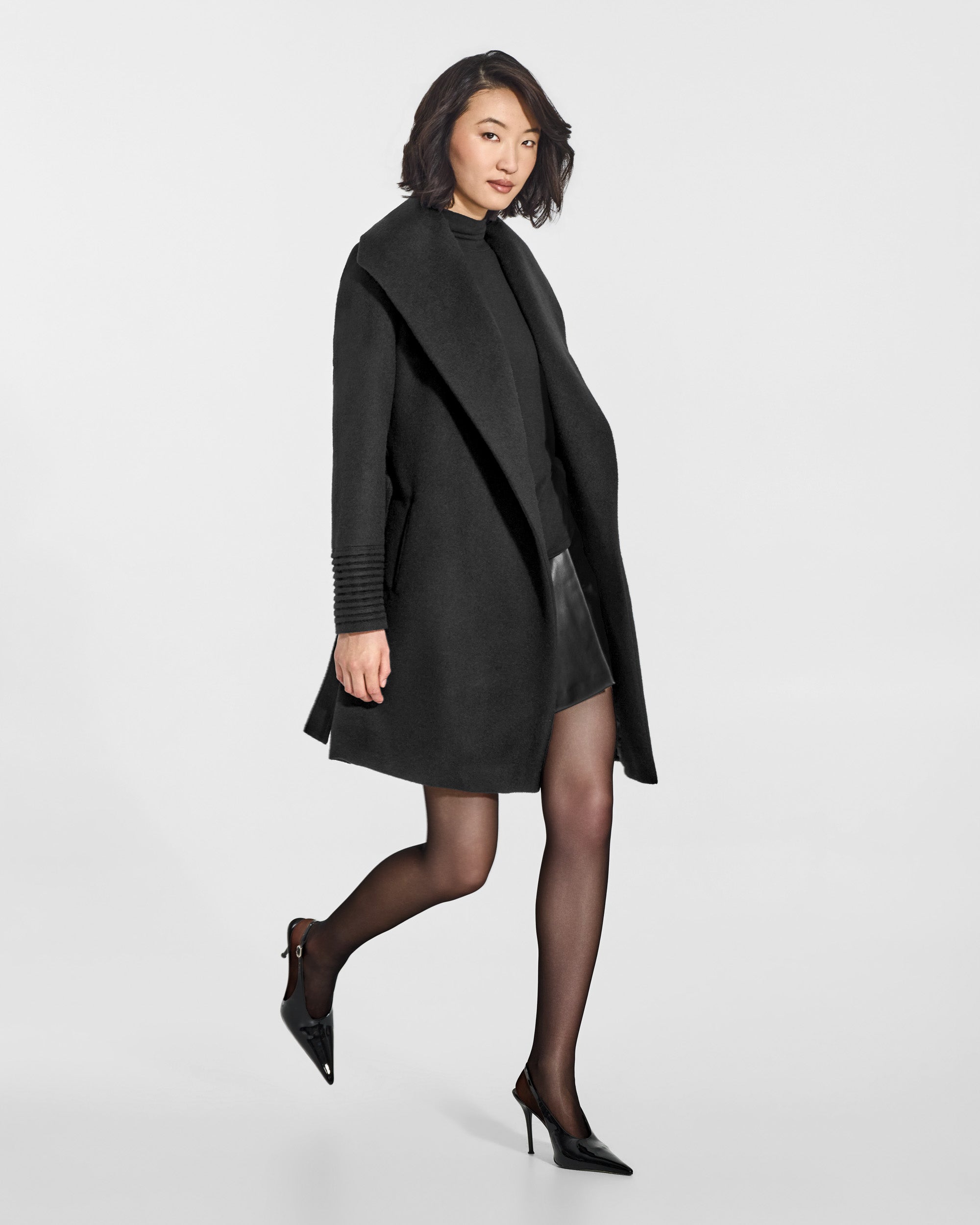 Mid Length Shawl Collar Wrap Coat - Black – SENTALER