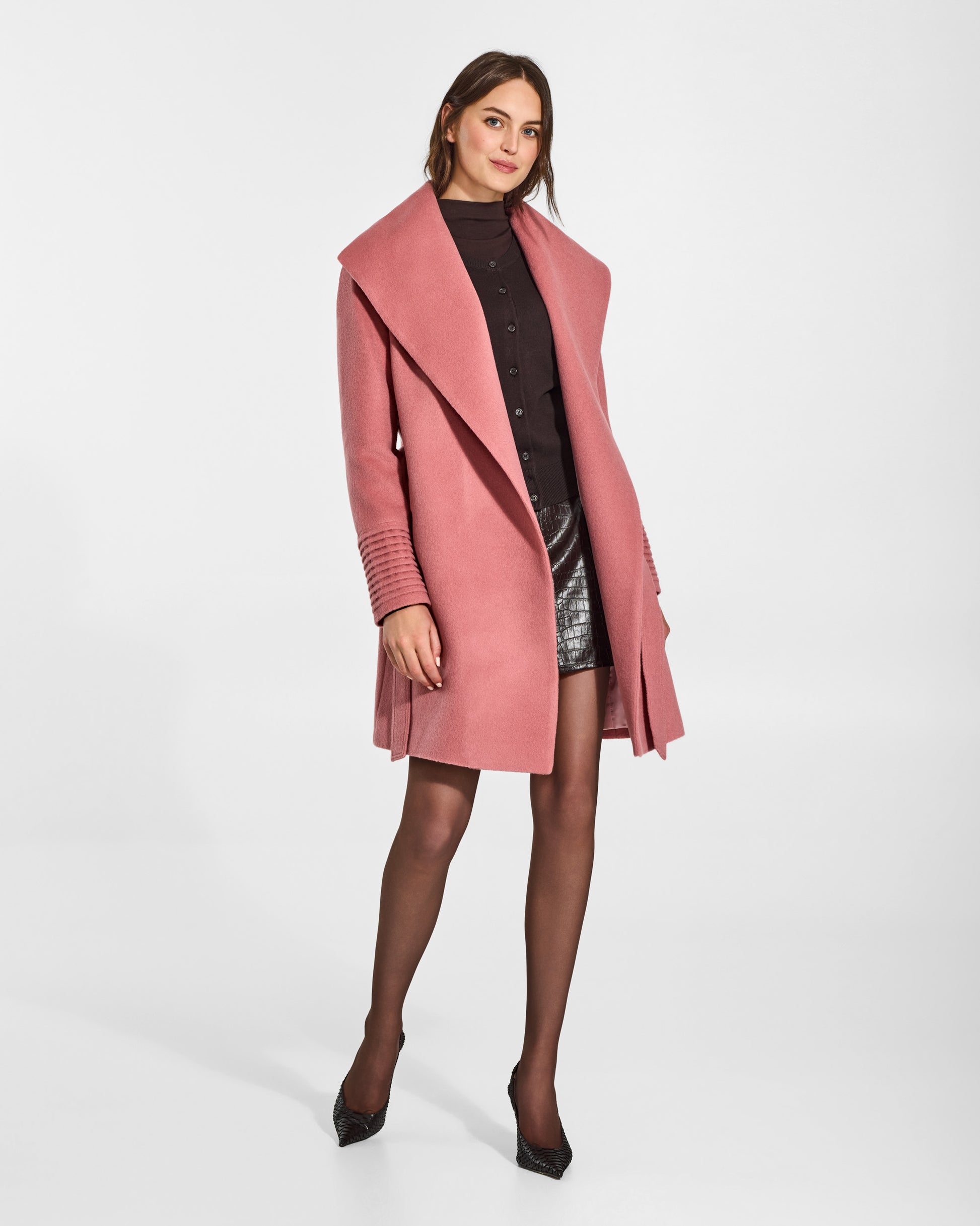 SENTALER Mid Length Shawl Collar Wrap Coat in Dusty Pink, Baby Alpaca. Worn by a female model, front view, open.