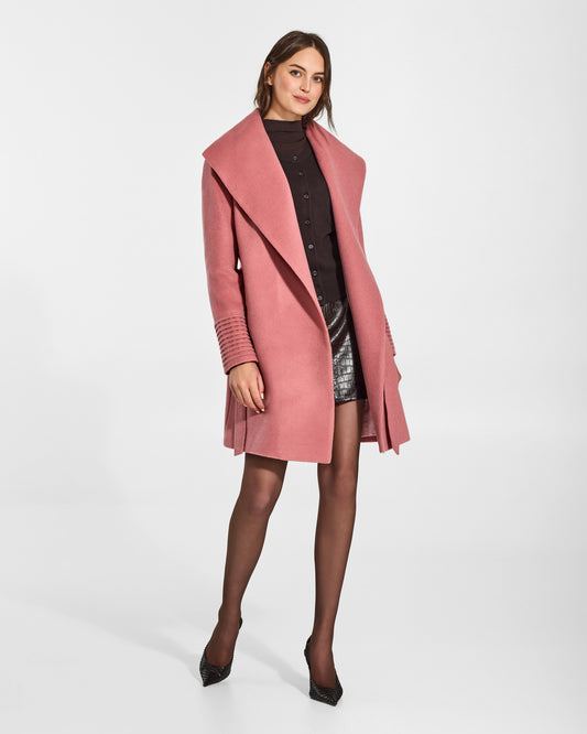 SENTALER Mid Length Shawl Collar Wrap Coat in Dusty Pink, Baby Alpaca. Worn by a female model, front view, open.