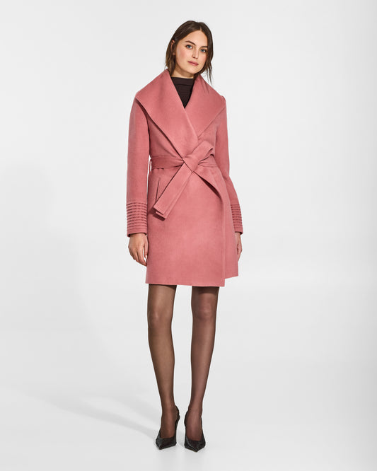 SENTALER Mid Length Shawl Collar Wrap Coat in Dusty Pink, Baby Alpaca. Worn by a female model, front view, belted.