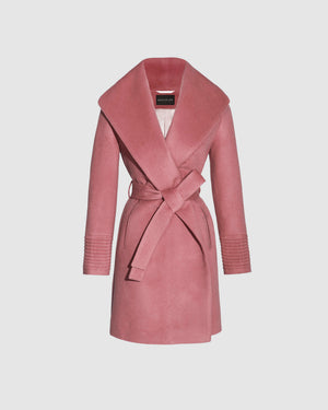 SENTALER Mid Length Shawl Collar Wrap Coat in Dusty Pink, Baby Alpaca. Off-figure, belted.