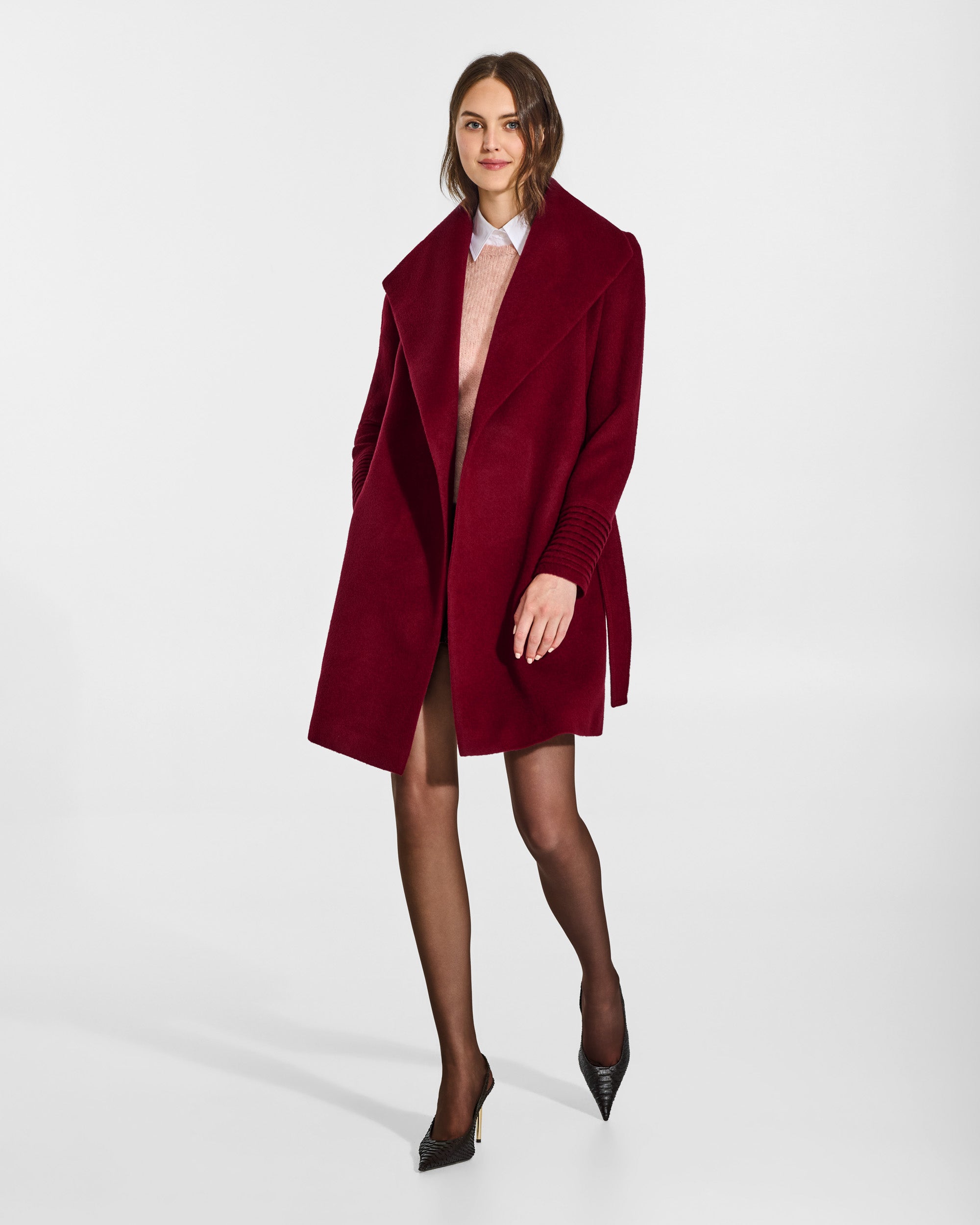 Baby Alpaca Mid Length Shawl Collar Wrap Coat - Garnet Red – SENTALER