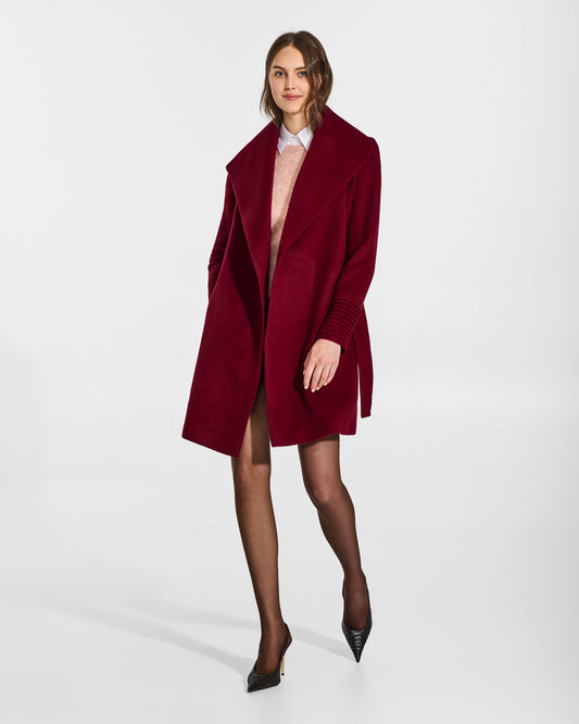 SENTALER Mid Length Shawl Collar Wrap Coat in Garnet Red, Baby Alpaca. Worn by a female model, front view, open.
